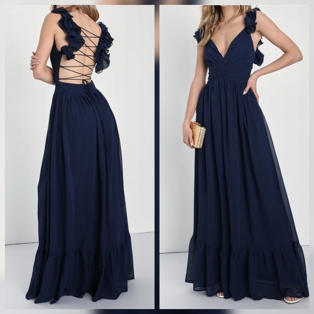 Lulus Women's Soiree Celebration Navy Blue Ruffled Lace-Up Maxi Dress, MEDIUM